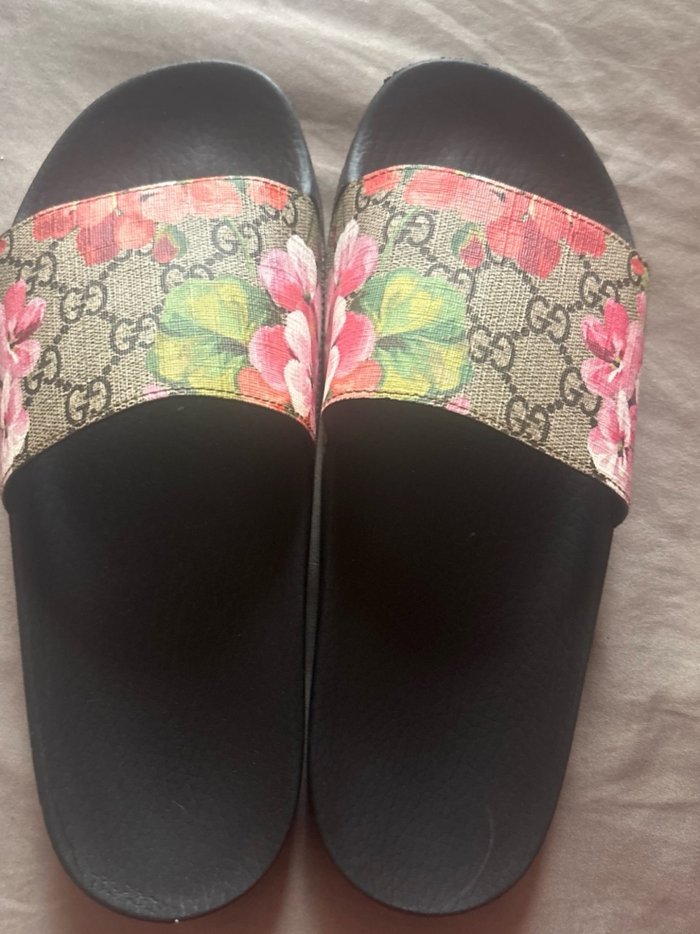 Gucci Floral Monogram Slide Sandals in Black, Pink and Green
